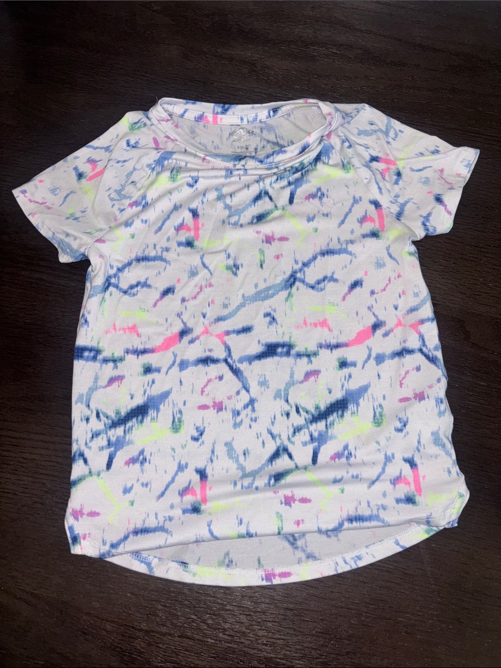 Girls' White Short Sleeve Tee with Blue Tie-Dye and Neon Accents